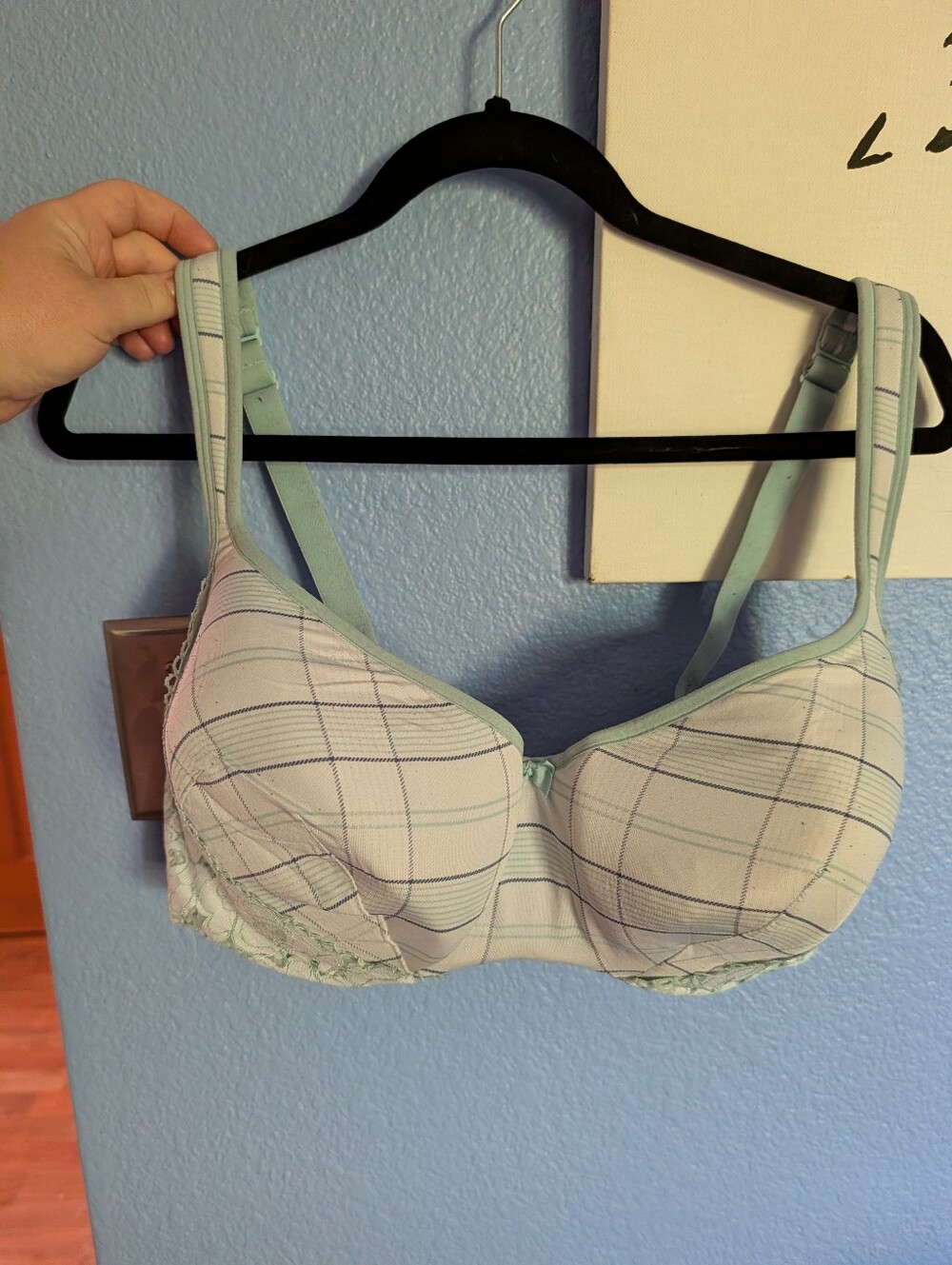 Lane Bryant Cacique Bra 40F EUC Lightly Lined Balconette Plaid Lace Blue White